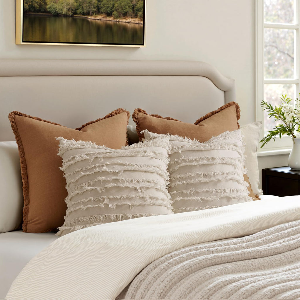 MIULEE Boho Linen Striped Throw Pillow Covers 18x18, Neutral Beige