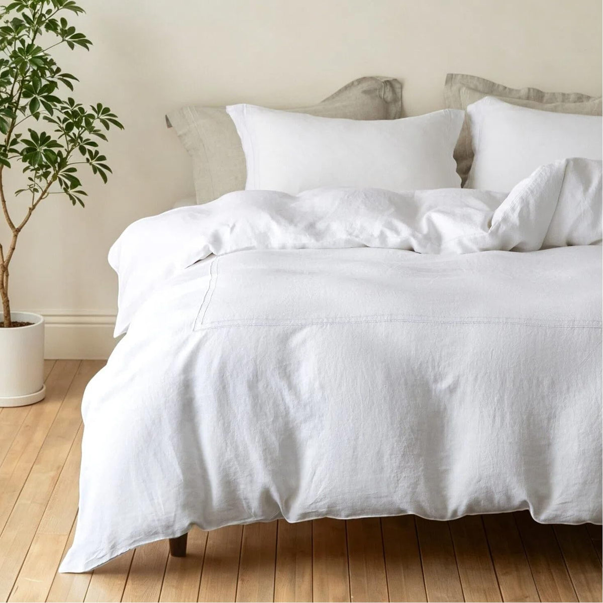 Simple&Opulence 100% French Linen Duvet Cover Set with Embroidered,3 Pcs Washed Soft Farmhouse Bedding Set with Button Closure,1 Comforter Cover and 2 Pillowshams(King,Natural Linen)