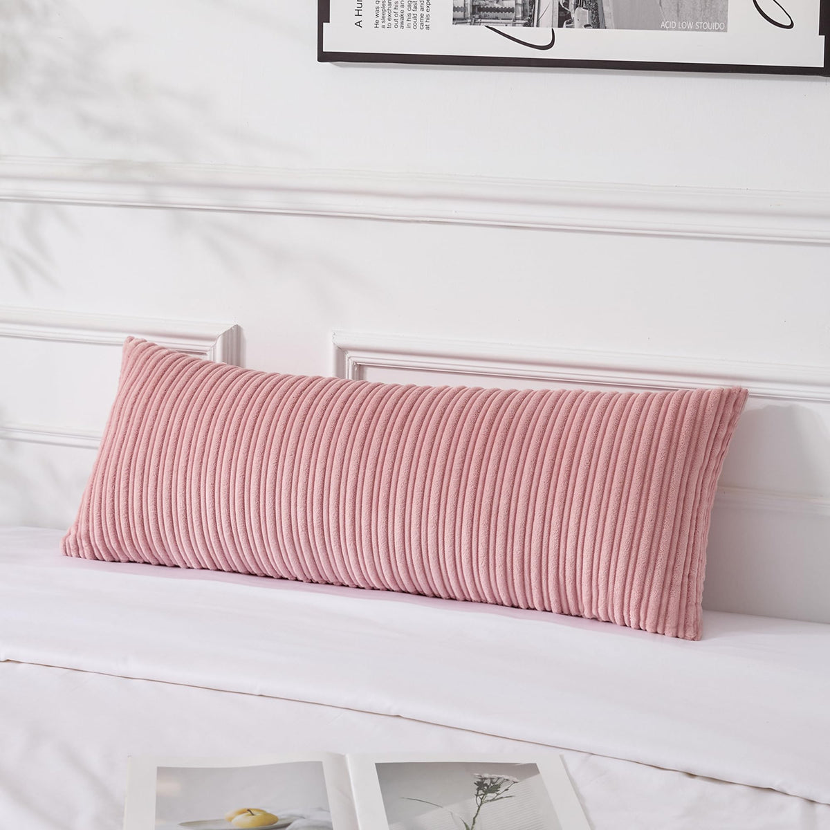 UGASA Velvet 12x20 Inch Lumbar Soft Throw Pillow Cover Boho Farmhouse Decorative Corduroy Striped Both Sides Solid Rectangular Cushion Case for Couch Bedroom Sofa Home, 1 Piece, Beige