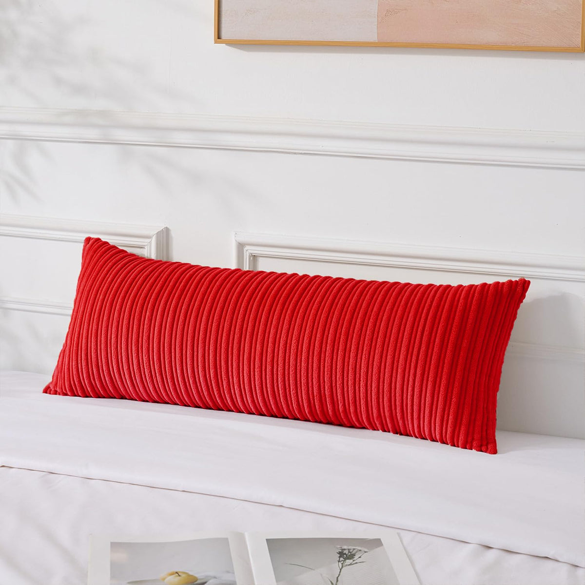 UGASA Velvet 12x20 Inch Lumbar Soft Throw Pillow Cover Boho Farmhouse Decorative Corduroy Striped Both Sides Solid Rectangular Cushion Case for Couch Bedroom Sofa Home, 1 Piece, Beige
