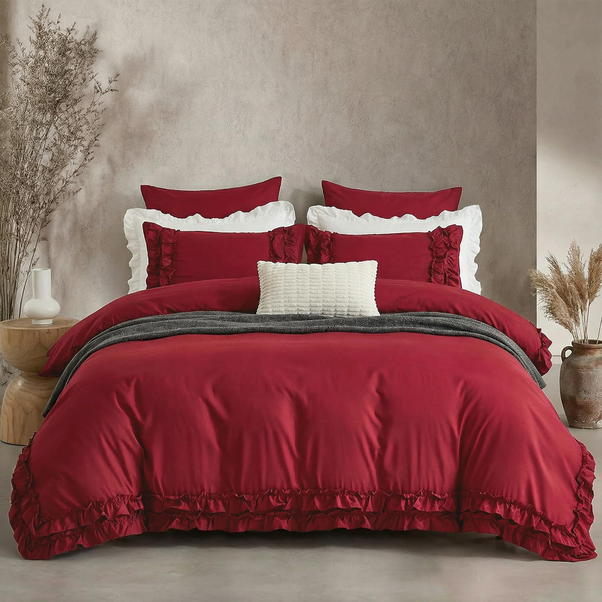 Bedorm Beige Duvet Cover Set Queen Ruffle Bedding Set Pleat Ruffled Shabby Chic Comforter Cover Extra Soft & Easy Care White Boho Duvet Cover with Zipper Closure