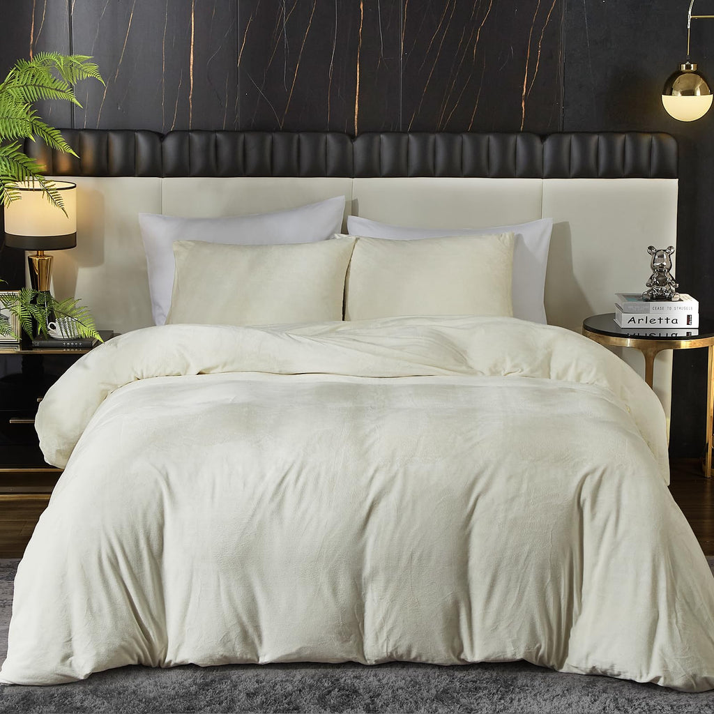Ivellow Velvet Duvet Cover Queen Set, 3 Pcs Olive Green, Zipper Corner Ties
