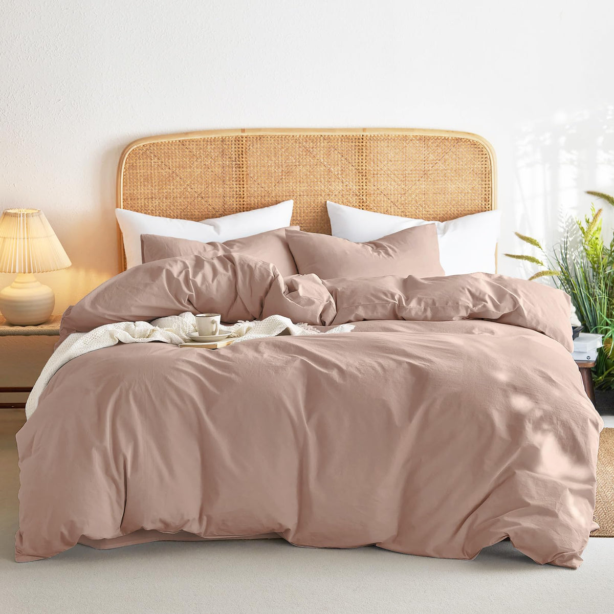 Wake In Cloud - Cotton Duvet Cover Set, 100% Washed Cotton, Linen Like Textured, Breathable Durable Comfy Farmhouse Neutral Bedding Set, 3 Pieces, Denim Blue, Queen Size