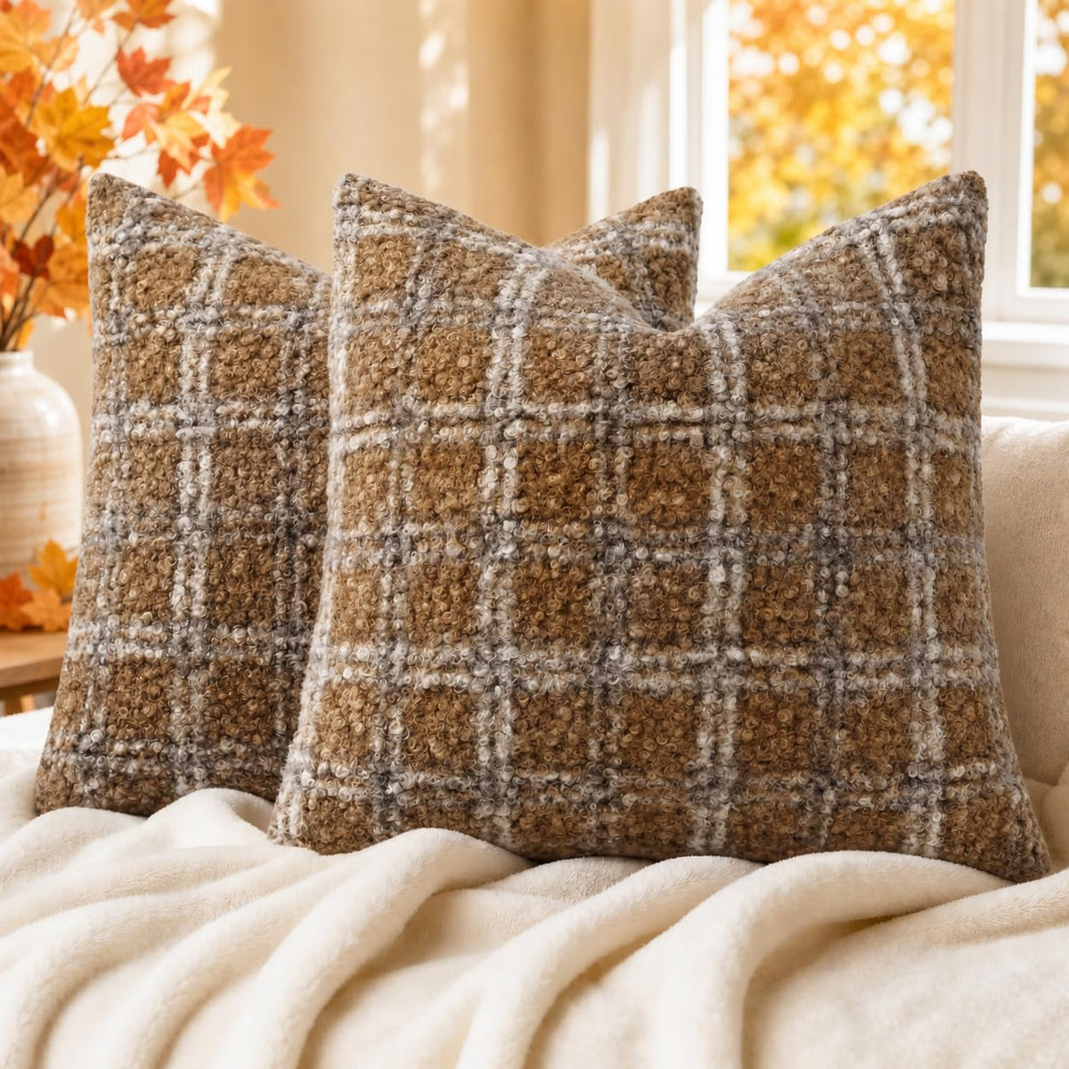 decorUhome Faux Fur Plaid Throw Pillow Covers 20X20 Set of 2 Khaki Brown