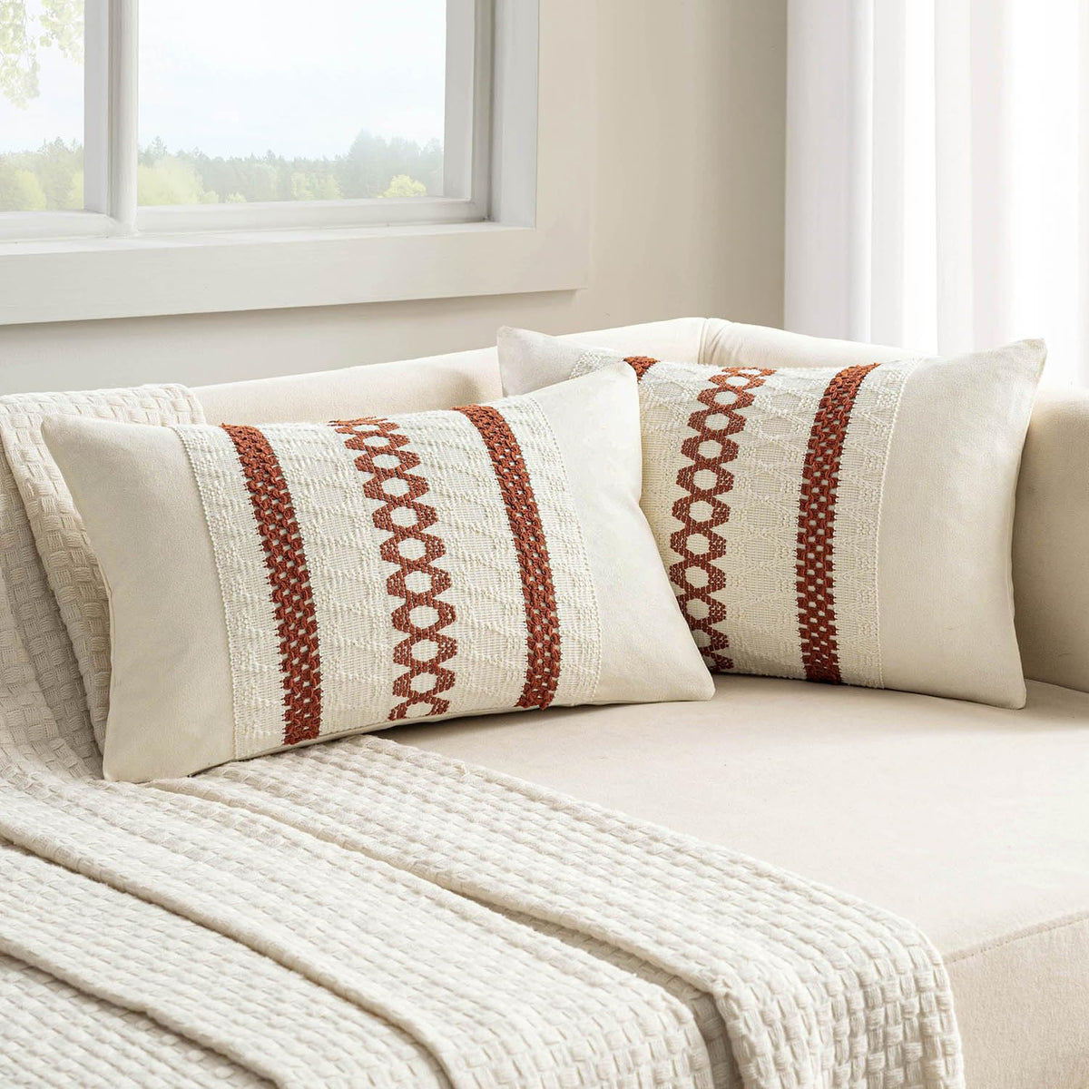 MIULEE Set of 2 Sage Green Boho Decorative Lumbar Pillow Covers 12x20 Inch