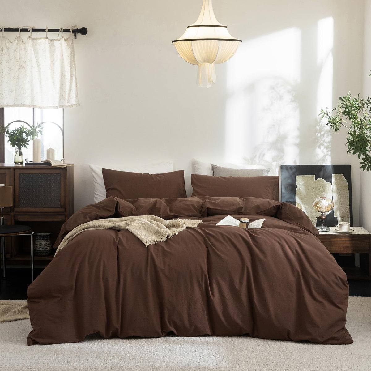 FOSSA Duvet Cover Set 100% Washed Cotton Linen Feel Queen