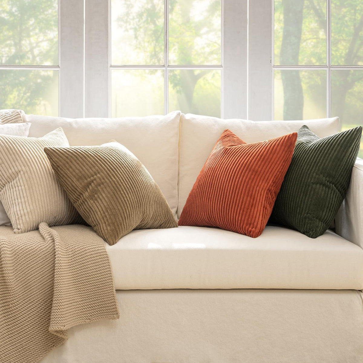 MIULEE Fall Corduroy Decorative Throw Pillow Covers Rust-Olive Green 18x18