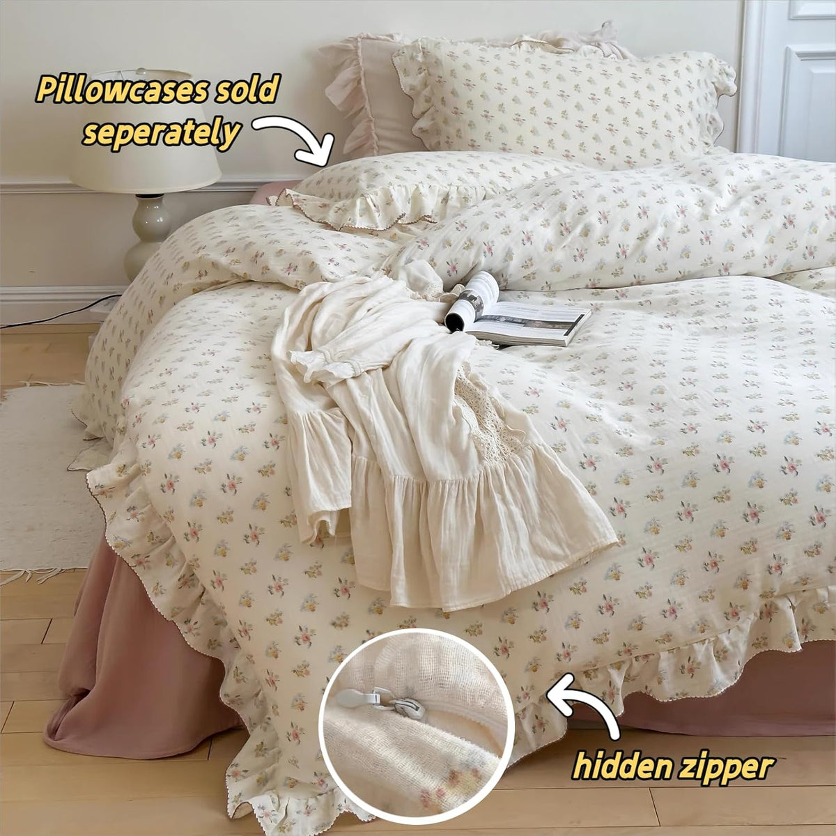 BuLuTu 100% Cotton Muslin Duvet Cover Twin for Kids Girls Boys, Shabby Chic Azalea Floral Duvet Covers Vintage Farmhouse Comforter/Quilt Cover with Ruffles, 68"x86", Zipper Closure, No Pillow