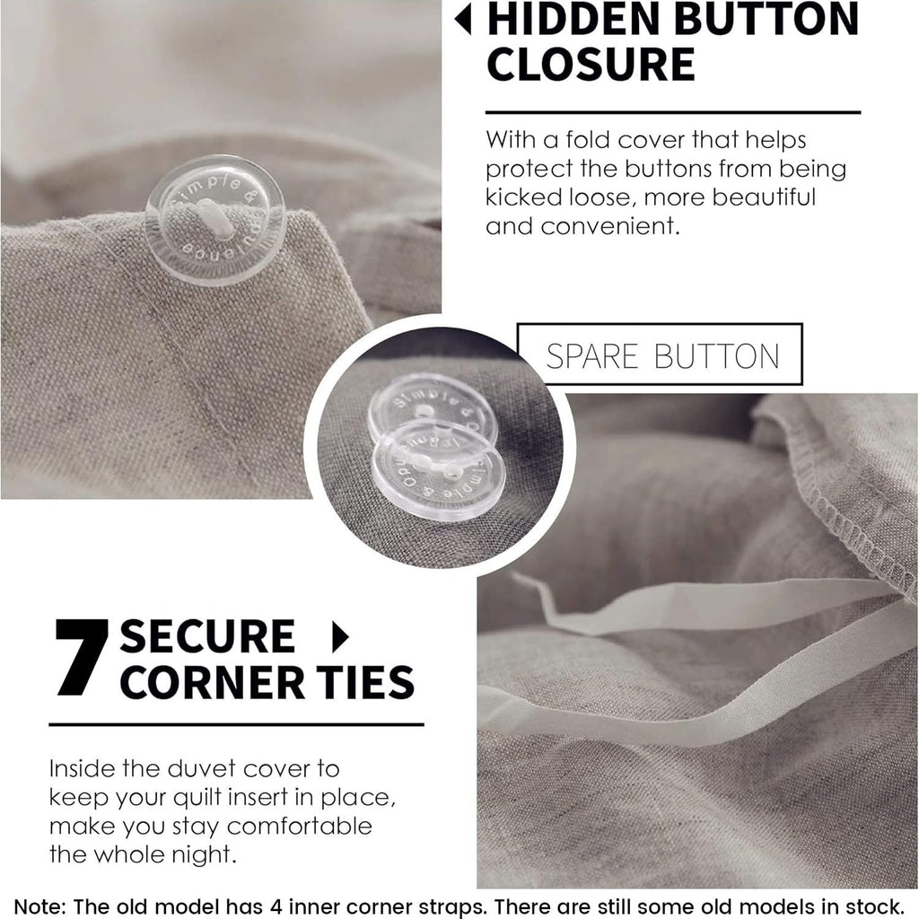 Simple&Opulence 100% Linen Duvet Cover Set 3pcs Basic Style Natural French Washed Flax Solid Color Soft Breathable Farmhouse Bedding with Button Closure - Linen, King