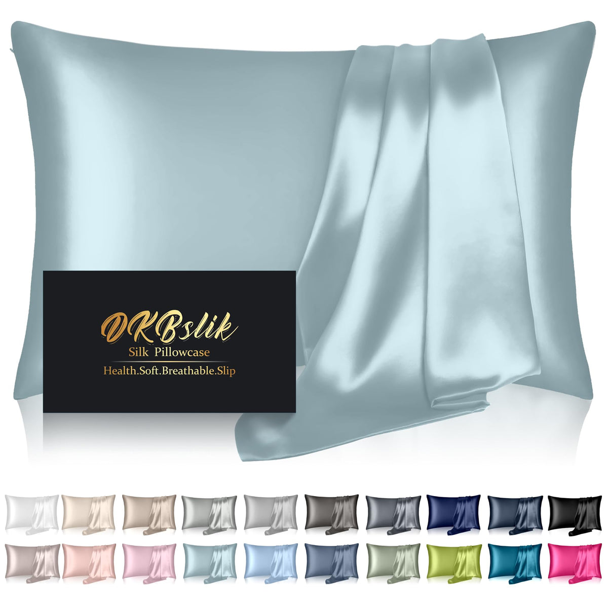 Silk Pillowcase for Hair and Skin, Mulberry Silk Pillow Cases Standard Size, Anti Acne Cooling Sleep Both Sides Natural Silk Satin Pillow Covers with Hidden Zipper, Gifts for Women Men, Ash Blue