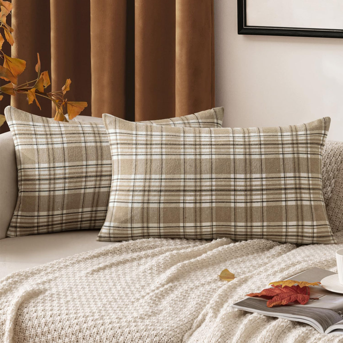 MIULEE Fall Plaid Pillow Covers Scottish Tartan 18x18 Terracotta Brown