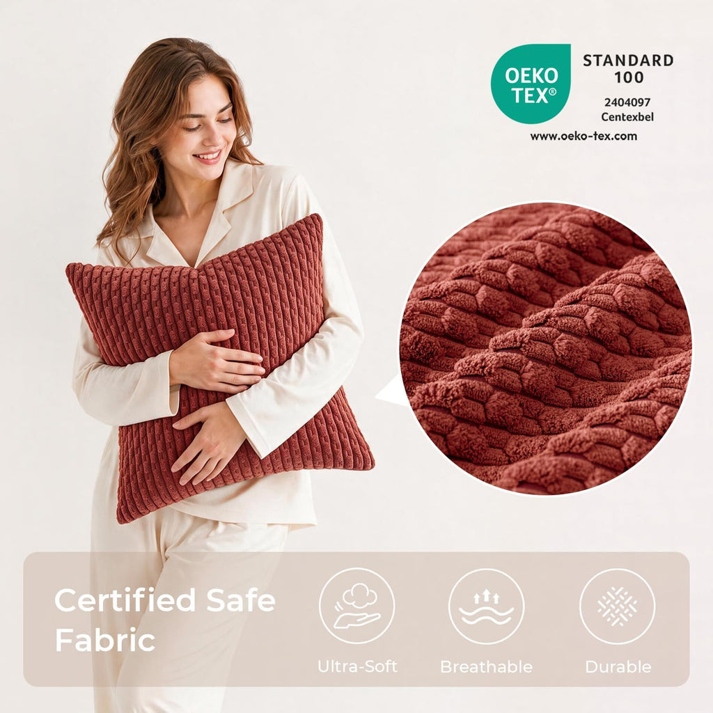 Kevin Textile Soft Corduroy 18x18 Inch Pillow Covers 2 Pack, Burnt Brick