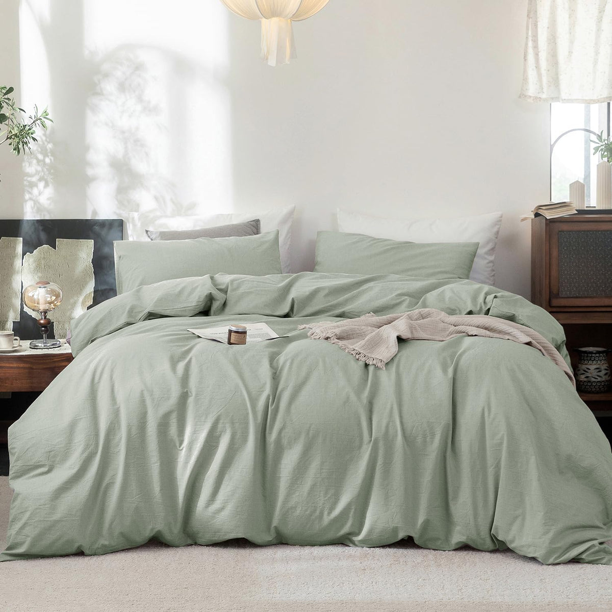FOSSA Duvet Cover Set 100% Washed Cotton Linen Feel Queen