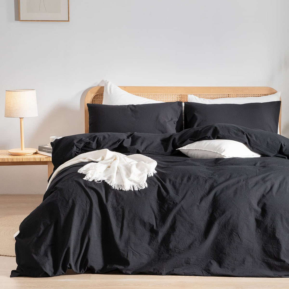 BESTOUCH Cotton Solid Duvet Cover Set Linen Feel Off White Queen