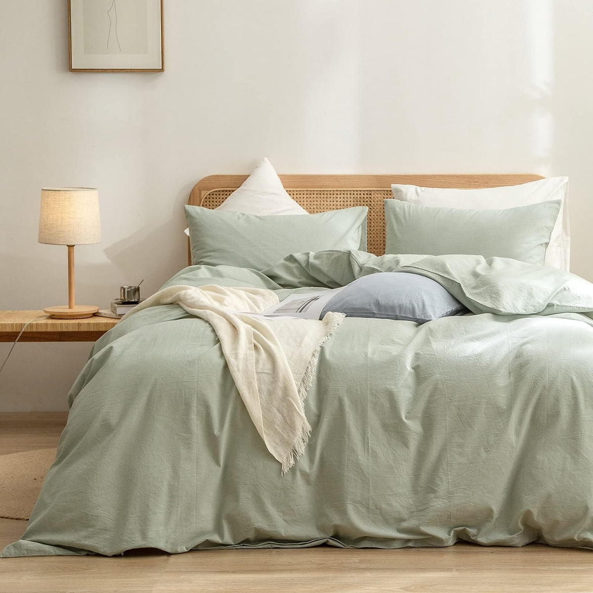 BESTOUCH Cotton Solid Duvet Cover Set Linen Feel Cornflower Blue King