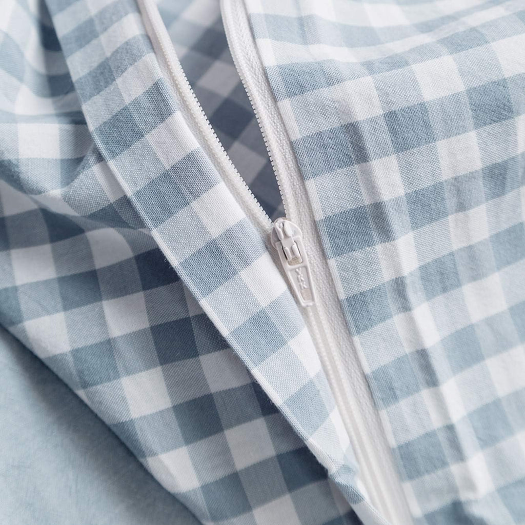 SUSYBAO Light Blue Gingham Duvet Cover Queen 100% Washed Cotton Blue Plaid Duvet Cover Set 3 Pieces 1 Blue Grid Duvet Cover with Zipper Ties 2 Pillow Cases Luxury Gingham Plaid Bedding Set Breathable