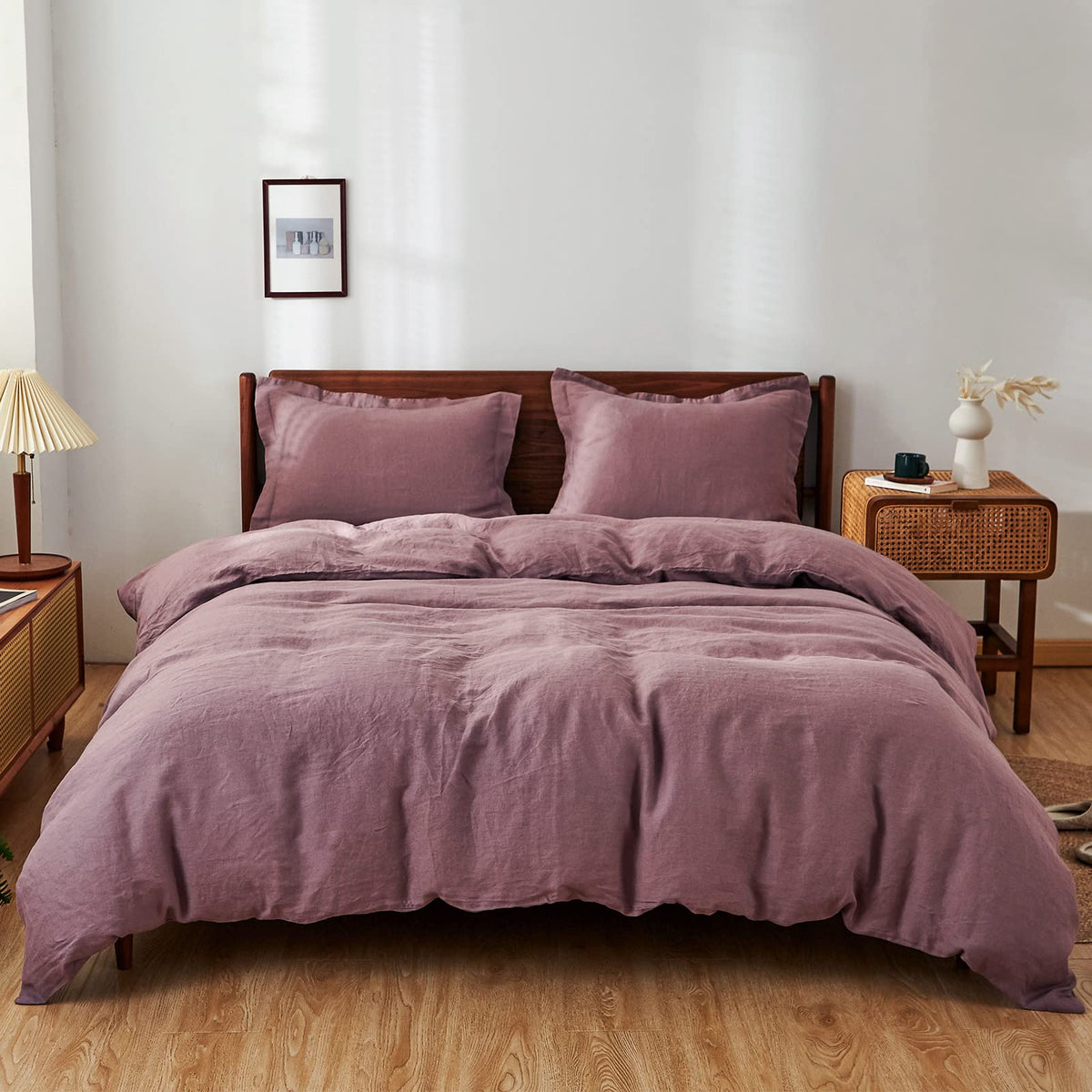 Simple&Opulence 100% Linen Duvet Cover Set 3pcs Basic Style Natural French Washed Flax Solid Color Soft Breathable Farmhouse Bedding with Button Closure - Linen, King