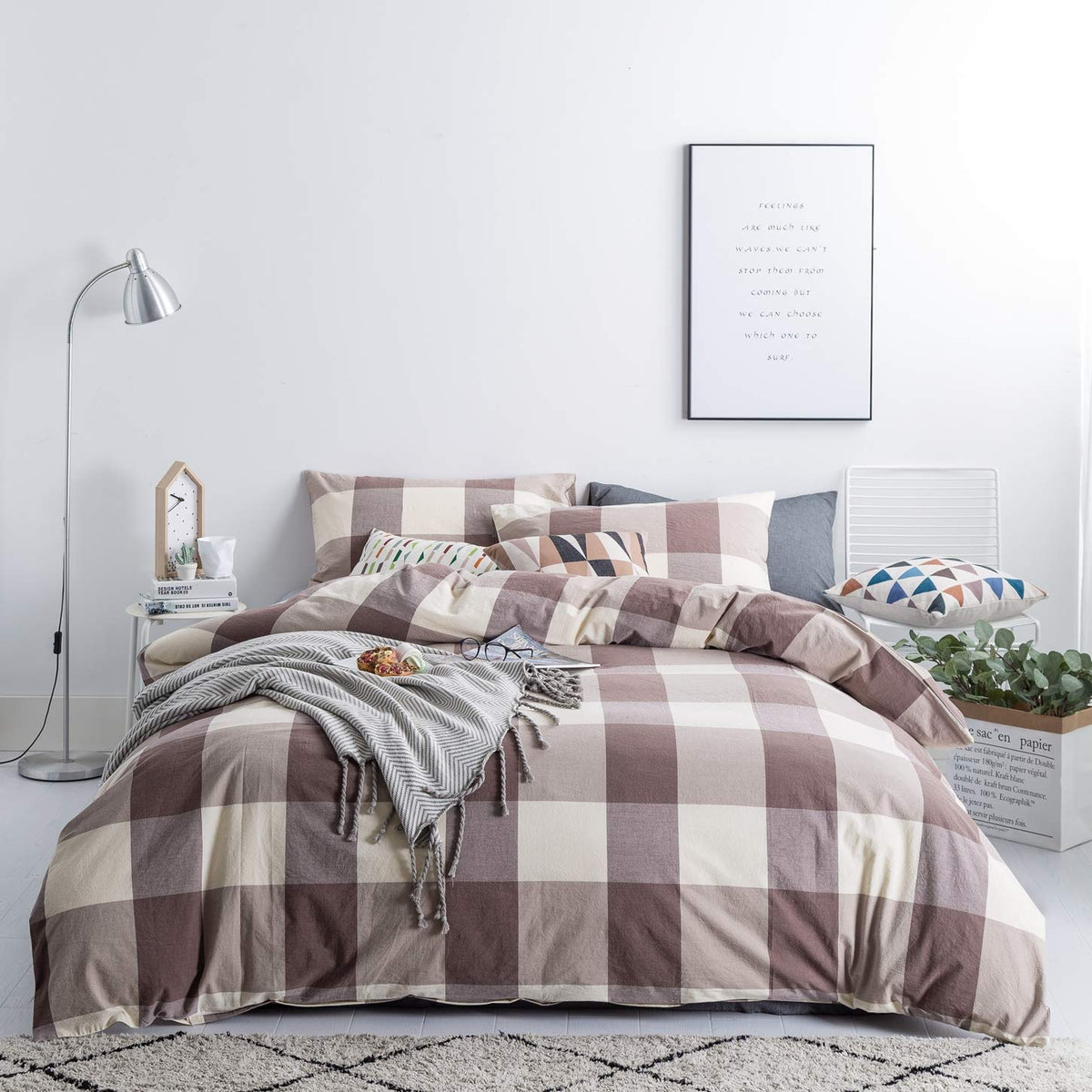 SUSYBAO Light Blue Gingham Duvet Cover Queen 100% Washed Cotton Blue Plaid Duvet Cover Set 3 Pieces 1 Blue Grid Duvet Cover with Zipper Ties 2 Pillow Cases Luxury Gingham Plaid Bedding Set Breathable