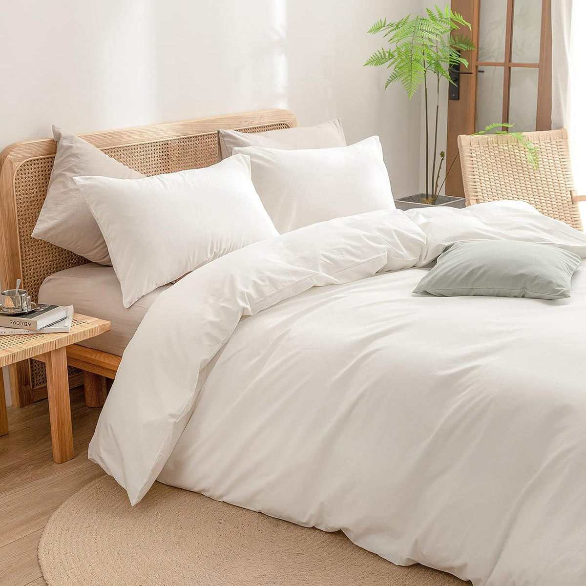 BESTOUCH Cotton Solid Duvet Cover Set Linen Feel Off White Queen