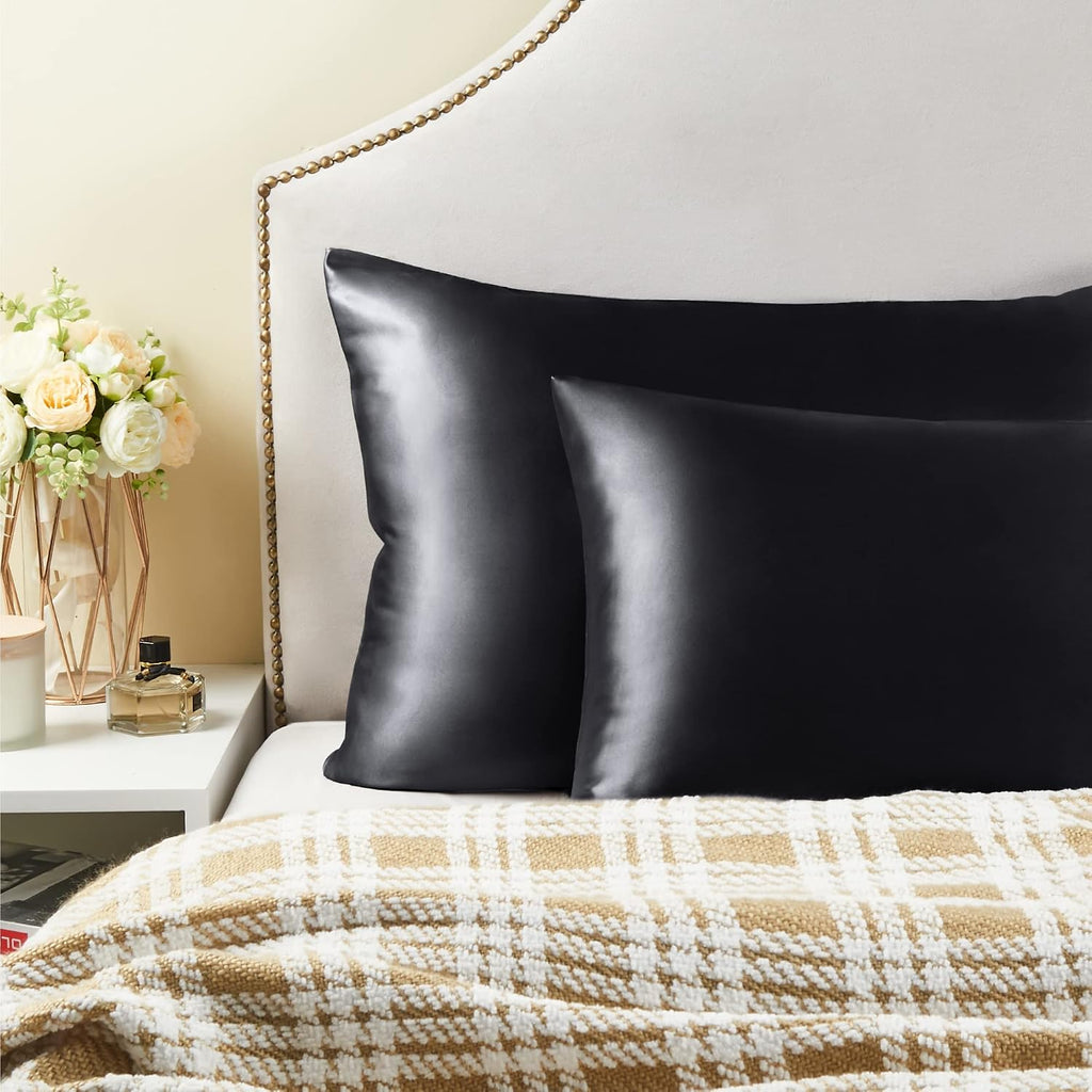 BEDELITE Zipper Satin Pillowcases, Standard Size 20"x26", Black, Set of 2