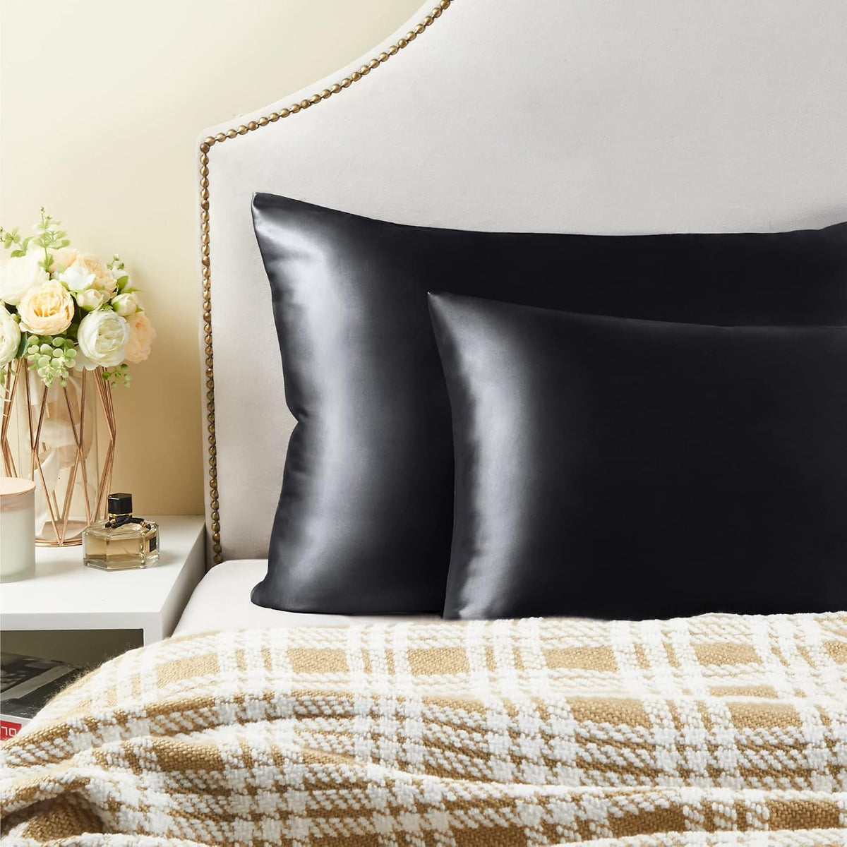 BEDELITE Zipper Satin Pillowcases, Standard Size 20"x26", Black, Set of 2