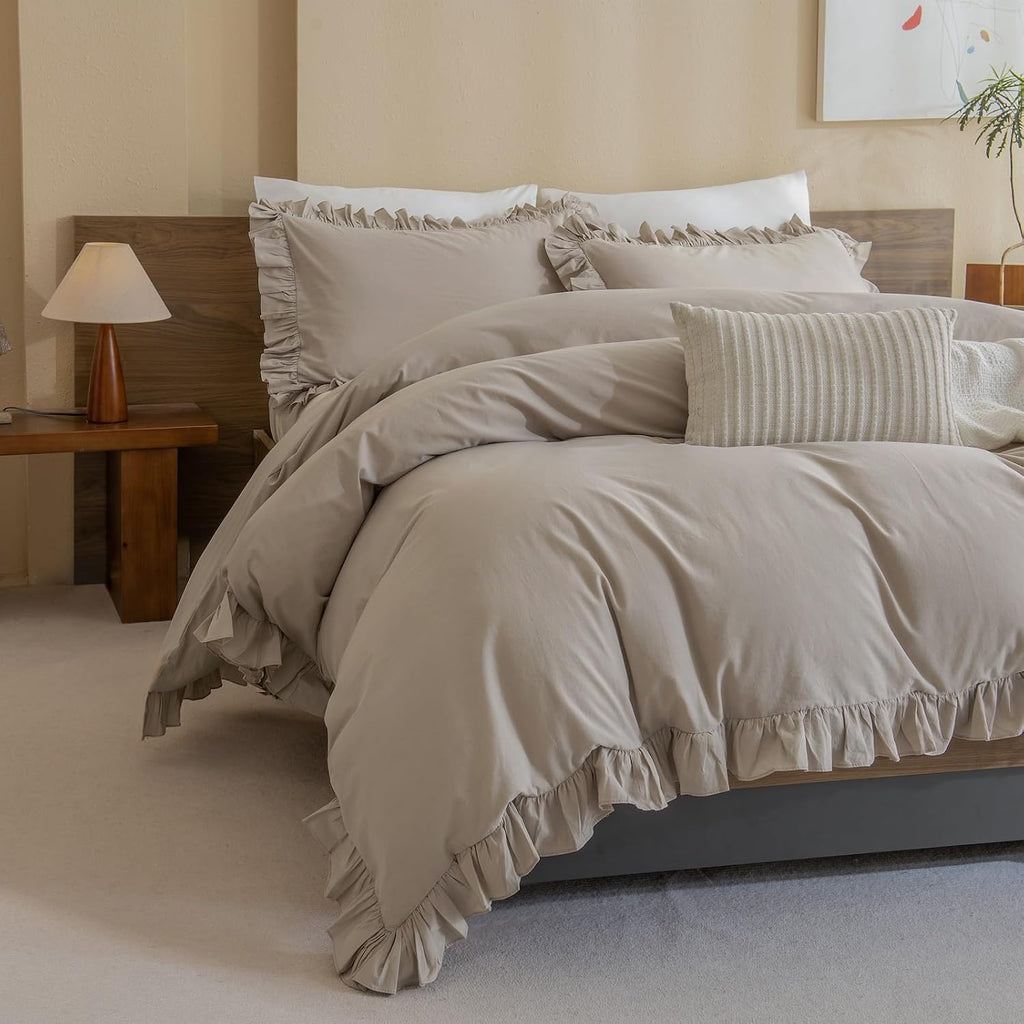QSH Washed Cotton Duvet Cover King Ruffle Duvet Cover Linen Textured Farmhouse Shabby Vintage Chic Bedding Comforter Cover 3 PCs Aesthetic French Country Vintage King Bedding