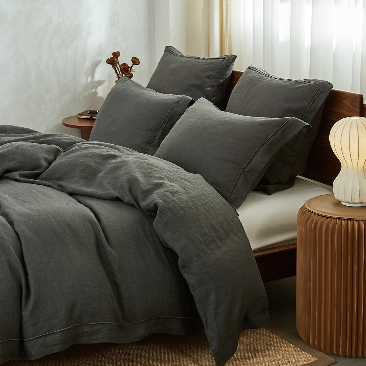 Simple&Opulence 100% French Linen Duvet Cover Set with Embroidered,3 Pcs Washed Soft Farmhouse Bedding Set with Button Closure,1 Comforter Cover and 2 Pillowshams(King,Natural Linen)