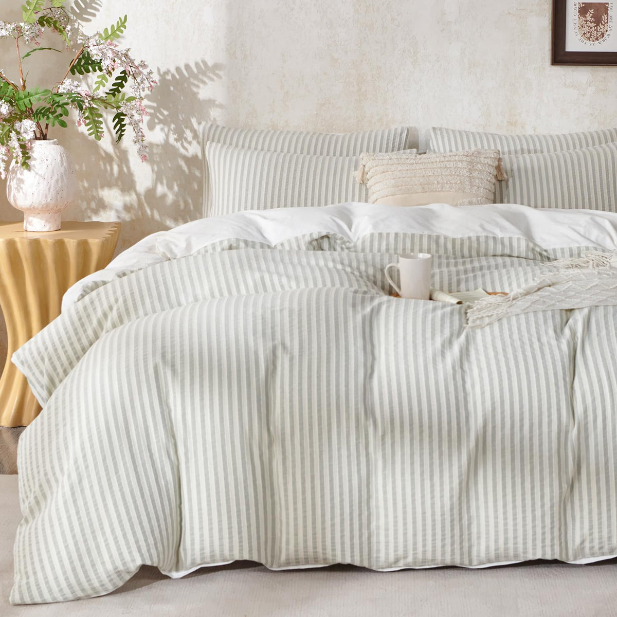 King Size Duvet Cover Set Floral Luxury Soft Brushed Microfiber Crinkle Gauze Fabric 3 Pieces Bedding Set Flower Pattern Duvet Cover King with Zipper Closure Breathable Comfy