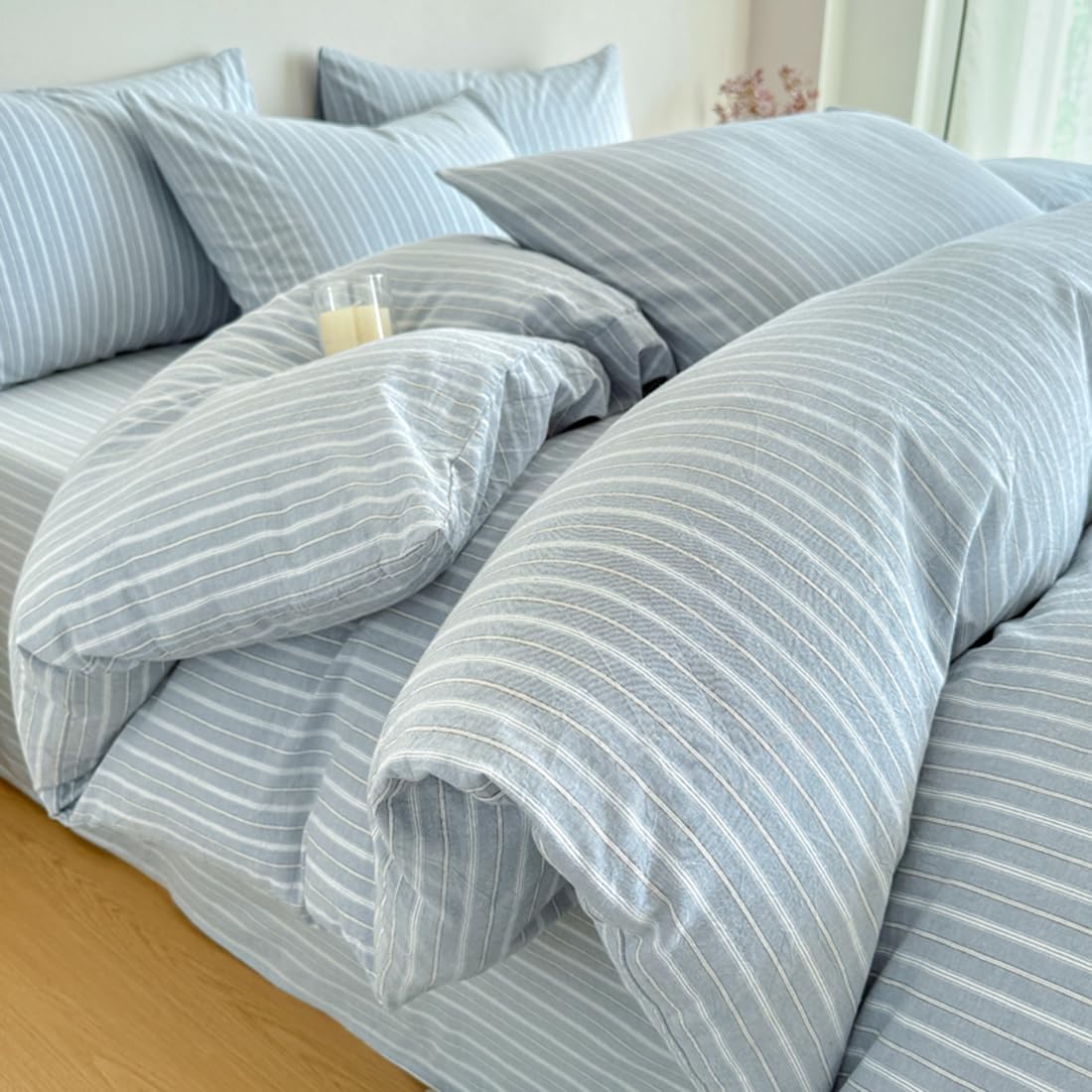 PinkMemory Green Striped Duvet Cover Queen 100% Washed Cotton Olive Green Stripes Duvet Cover Set Full 3pcs Pinstripe Pattern Bedding Set with Zipper Closure Corner Ties,Soft Breathable