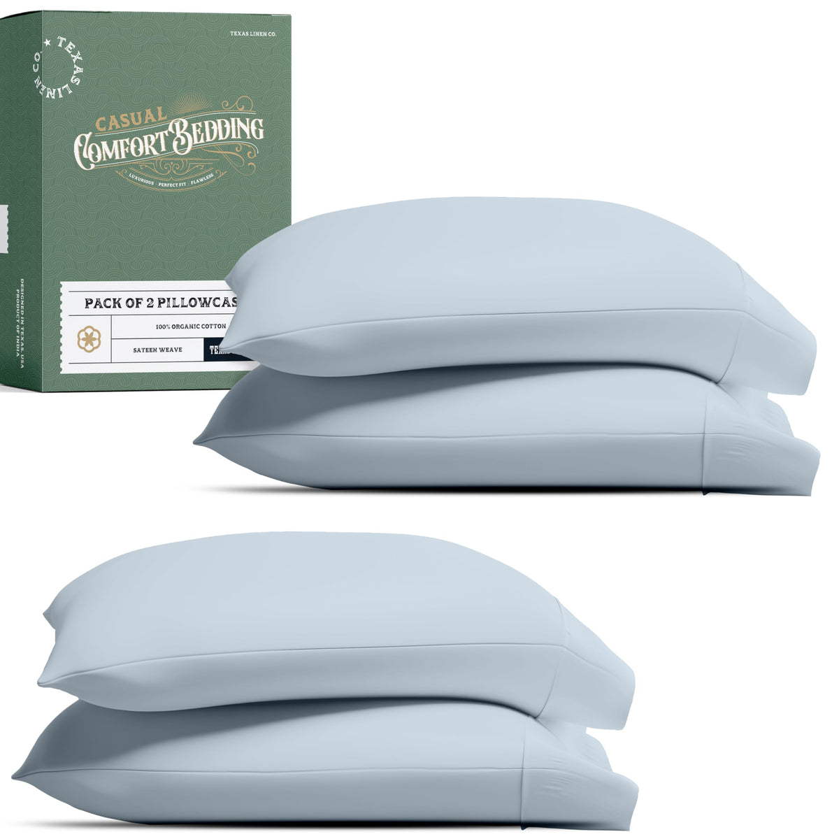 TEXAS LINEN CO. 100% Organic Cotton Percale Pillow Cases Standard/Queen Size Set of 2 - Percale Pillowcases Standard/Queen, Soft Cooling Pillow Cases for Sleeping, Cotton Pillow Covers - White
