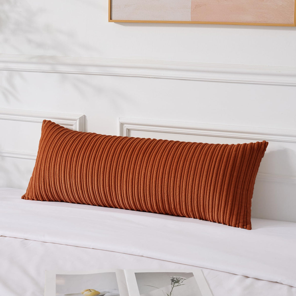UGASA Velvet 12x20 Inch Lumbar Soft Throw Pillow Cover Boho Farmhouse Decorative Corduroy Striped Both Sides Solid Rectangular Cushion Case for Couch Bedroom Sofa Home, 1 Piece, Beige