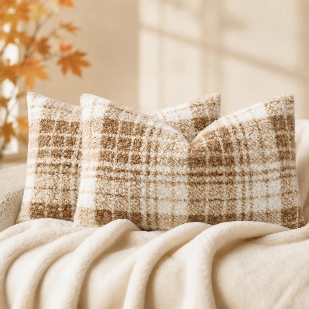 decorUhome Faux Fur Plaid Throw Pillow Covers 20X20 Set of 2 Khaki Brown