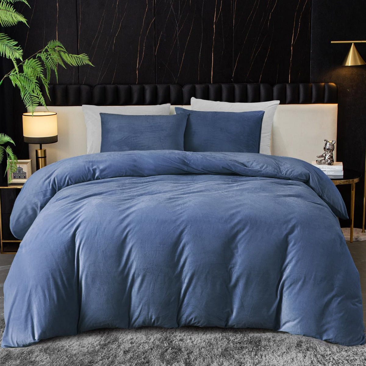 Ivellow Velvet Duvet Cover Queen Set, 3 Pcs Olive Green, Zipper Corner Ties