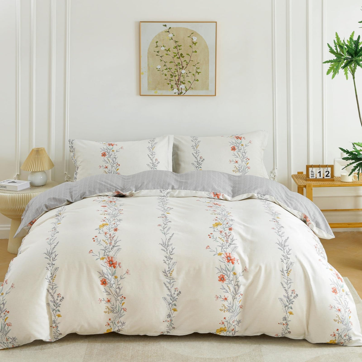 OAITE Queen Duvet Cover Set 3pcs 100% Cotton Blue Leaf