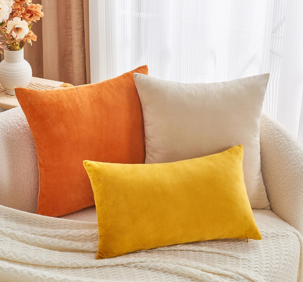 Throw Pillow Covers Mustard Yellow Set of 2 18x18 Inch Fall Pillow Covers, Soft Velvet Farmhouse Neutral Decorative Pillowcases for Couch Sofa Bed, Home Boho Decor, Modern Cushion Covers