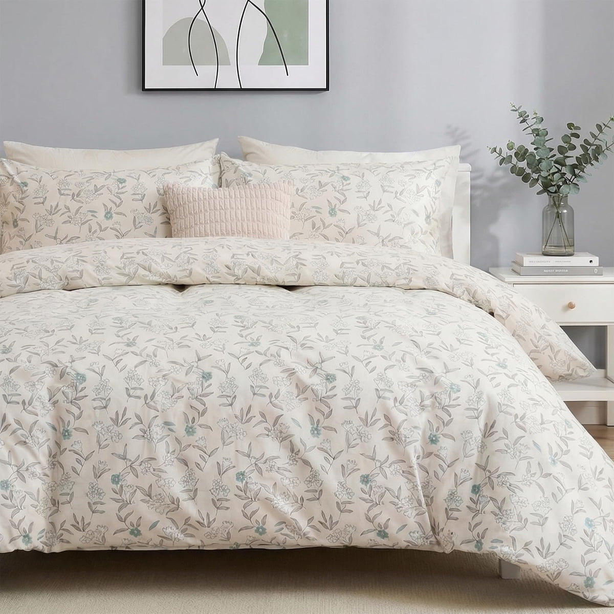 Duvet Cover Queen Size - 100% Cotton Reversible Floral Queen Duvet Cover Set with Zipper Closure, 3 Pieces Soft & Breathable Green Bedding Set for All Seasons