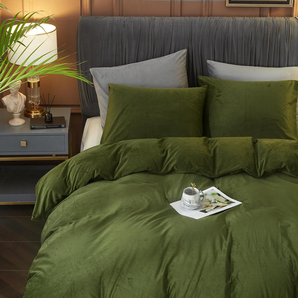 Ivellow Velvet Duvet Cover Queen Set, 3 Pcs Olive Green, Zipper Corner Ties