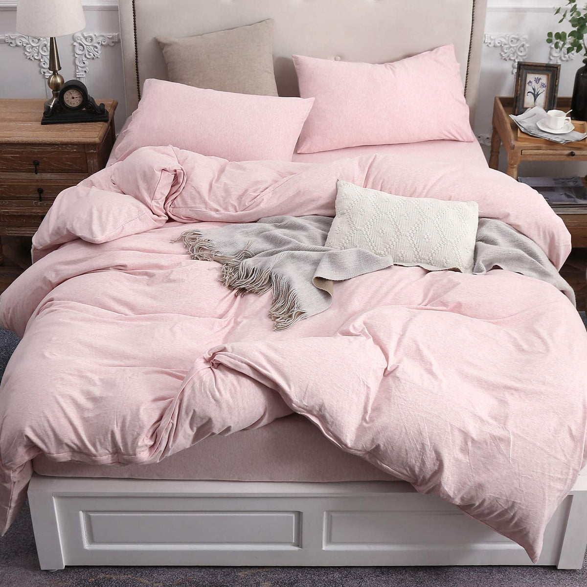 PURE ERA Jersey Knit Duvet Cover Set 100% T-Shirt Cotton Super Soft Comfy 3pc Bedding Set with Zipper Closure (Heather Beige, Queen)