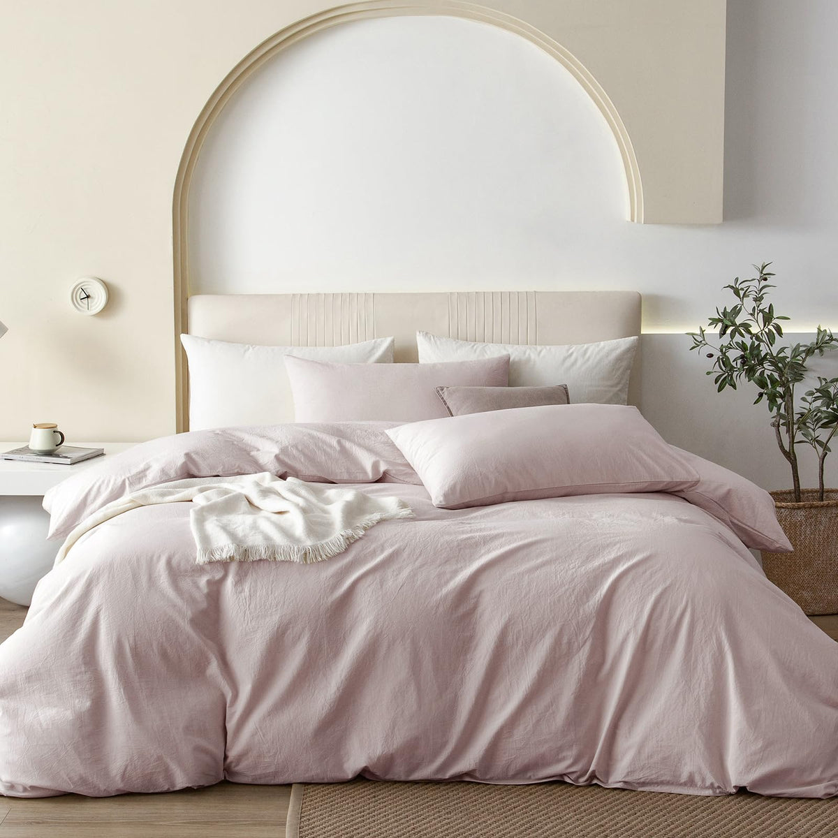 JIYUAN Queen Washed Cotton Duvet Cover Set, 3-Piece, Relaxed Linen Feel