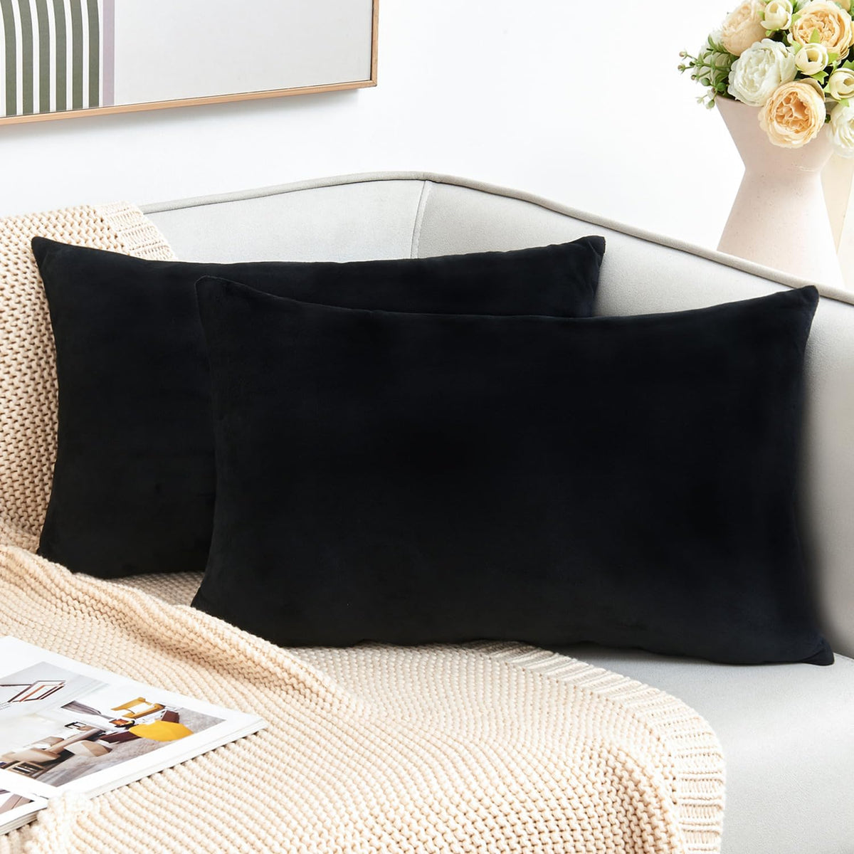Throw Pillow Covers Mustard Yellow Set of 2 18x18 Inch Fall Pillow Covers, Soft Velvet Farmhouse Neutral Decorative Pillowcases for Couch Sofa Bed, Home Boho Decor, Modern Cushion Covers