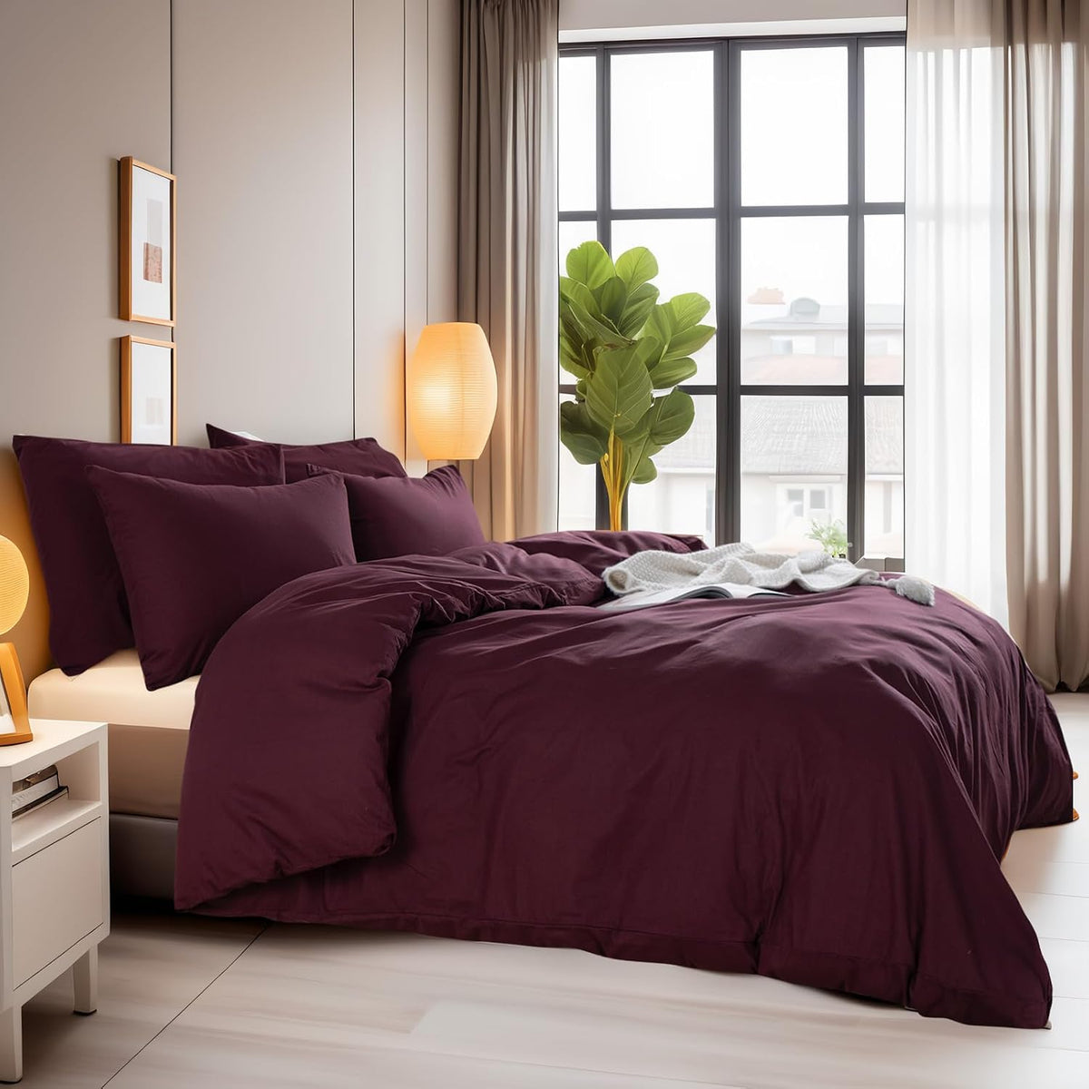 NEXHOME PRO Duvet Cover Set Queen Size Linen Look Textured 100% Washed Cotton Duvet Cover Burgundy Dark Red 3 Pieces Bedding Set with Zipper Closure,Breathable, Soft Organic Natural(No Comforter)