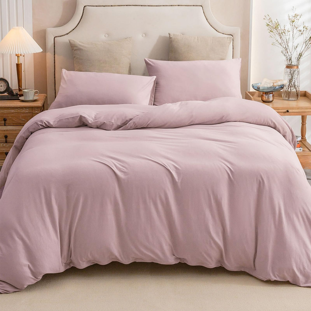 PURE ERA Jersey Knit Duvet Cover Set 100% T-Shirt Cotton Super Soft Comfy 3pc Bedding Set with Zipper Closure (Heather Beige, Queen)