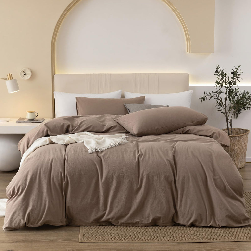 JIYUAN Queen Washed Cotton Duvet Cover Set, 3-Piece, Relaxed Linen Feel