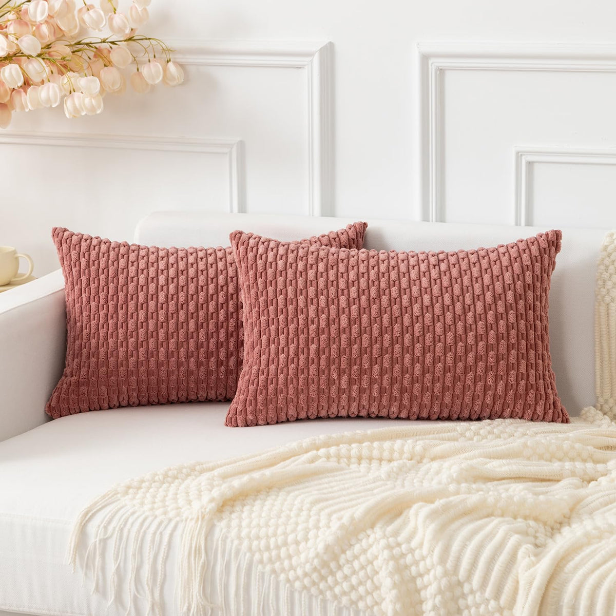 Kevin Textile Soft Corduroy 18x18 Inch Pillow Covers 2 Pack, Burnt Brick