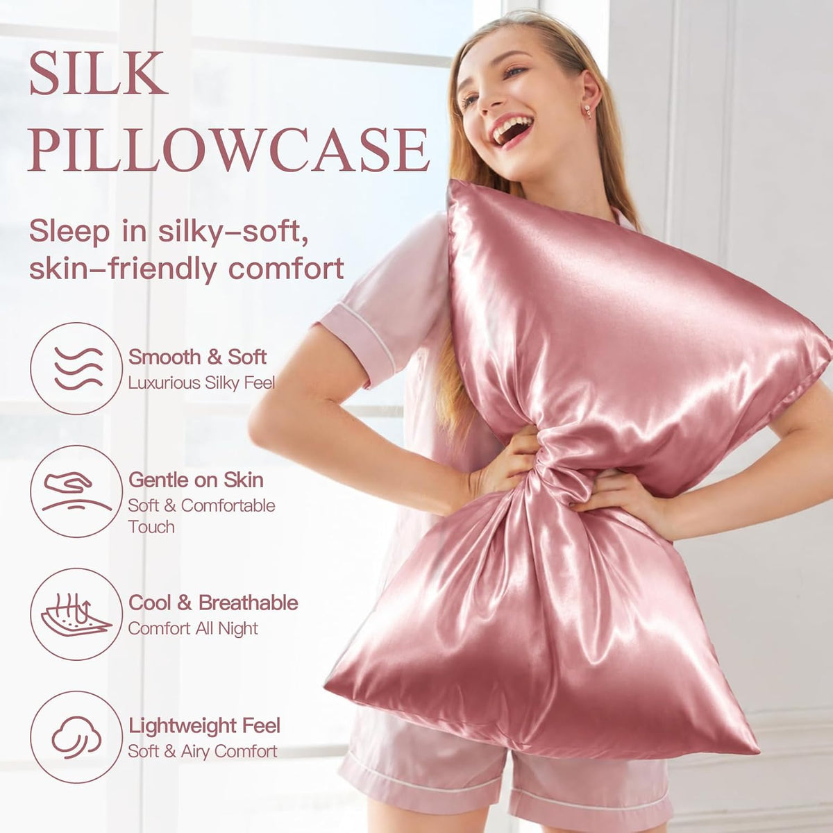 INSSL Silk Pillowcase for Women, Mulberry Silk Pillowcase for Hair and Skin and Stay Comfortable and Breathable During Sleep (Standard, Coral)
