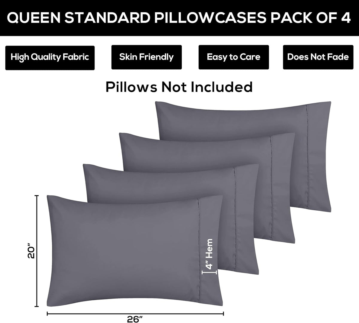 Pillow Covers Standard Size Set of 4, Soft and Comfy Pillow Cases, Grey