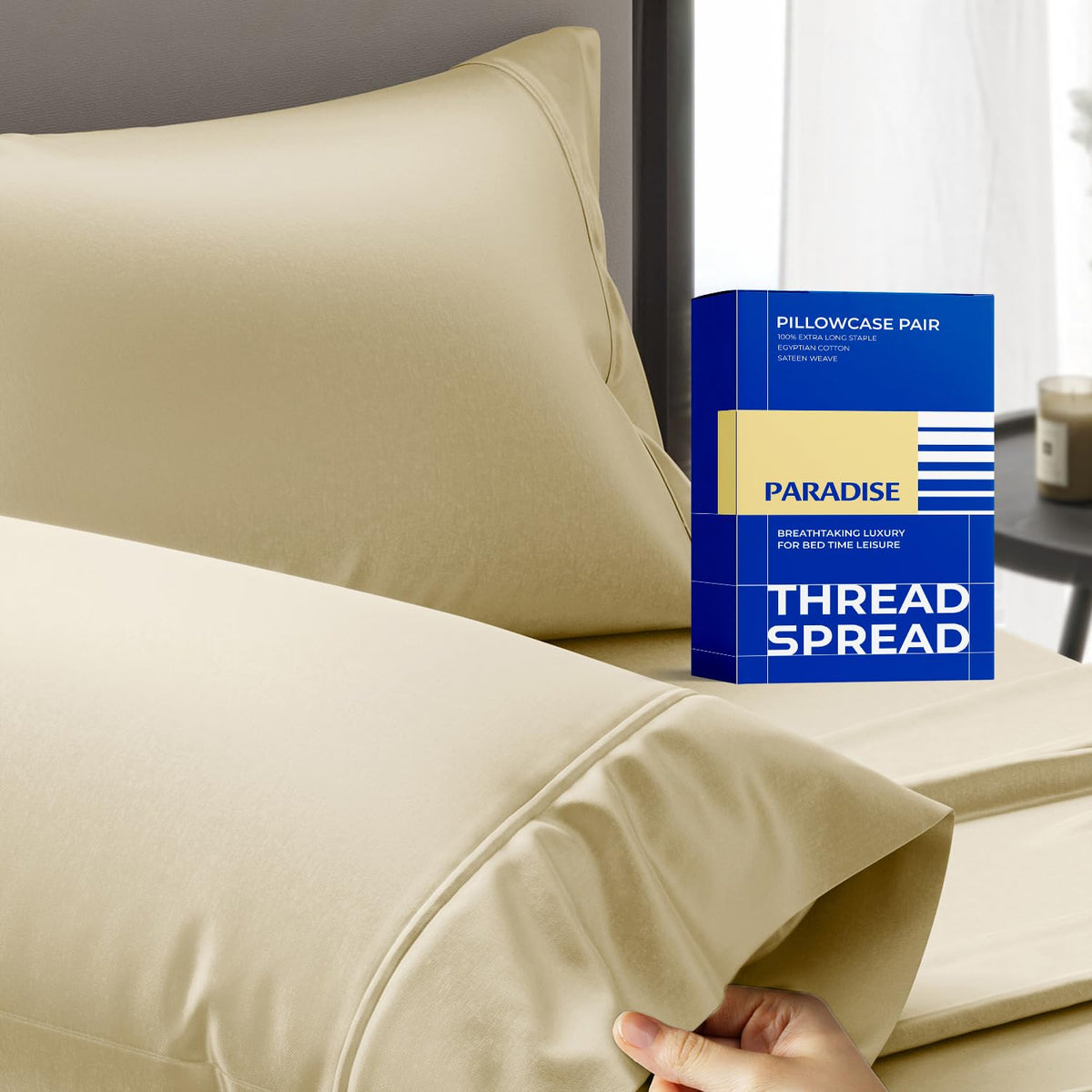 Thread Spread 100% Egyptian Cotton Pillow Cases Queen Size Set of 2 - Luxury 1000 Series Paradise Collection Queen Pillow Cases (White), Soft Cooling Sateen Hotel Egyptian Cotton Pillowcases
