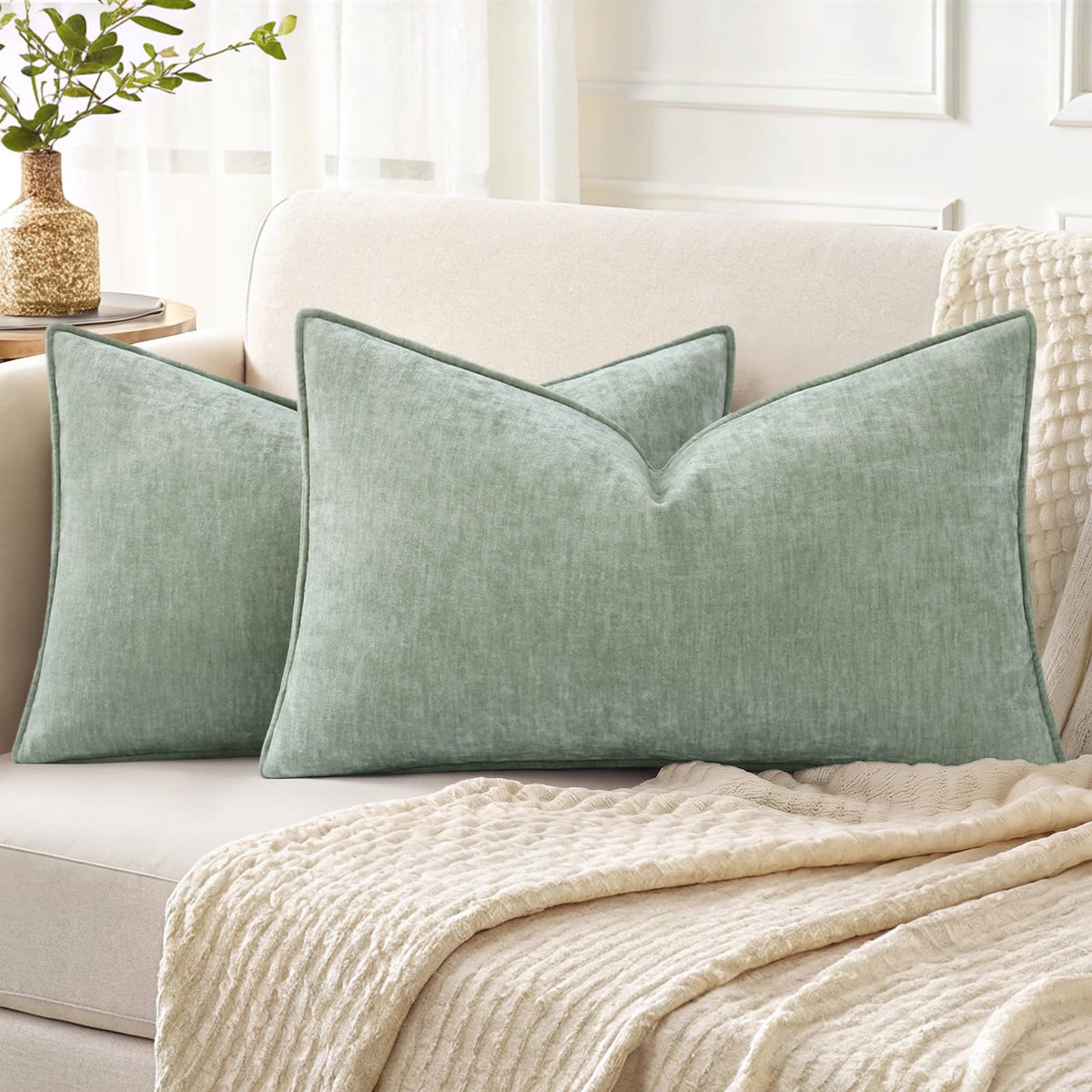 decorUhome Chenille Beige Velvet Throw Pillow Covers 20x20 Set of 2