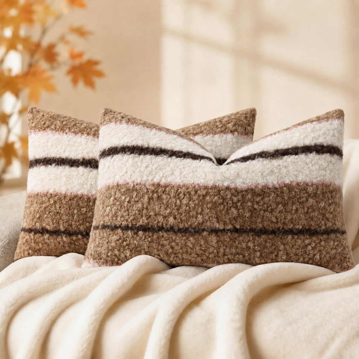 decorUhome Faux Fur Plaid Throw Pillow Covers 20X20 Set of 2 Khaki Brown