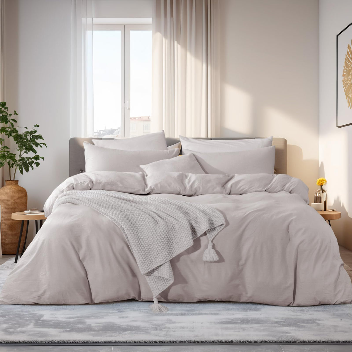 NEXHOME PRO Duvet Cover Set Queen Size Linen Look Textured 100% Washed Cotton Duvet Cover Burgundy Dark Red 3 Pieces Bedding Set with Zipper Closure,Breathable, Soft Organic Natural(No Comforter)